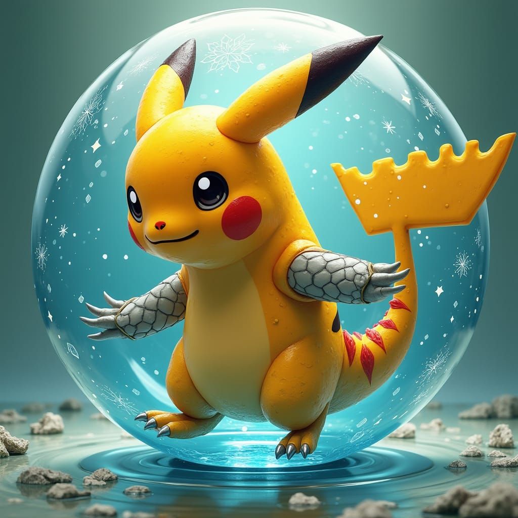 Electrifying Pokémon Hybrid in a Glowing Water Sphere