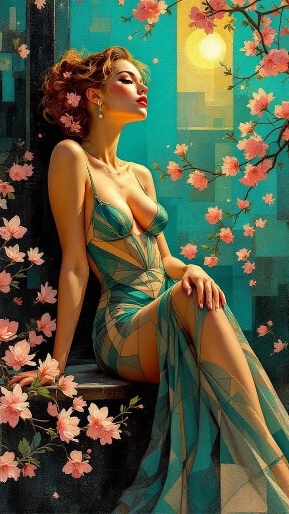 Romantic Cherry Blossom Pin-Up in Vibrant Turquoise and Gold