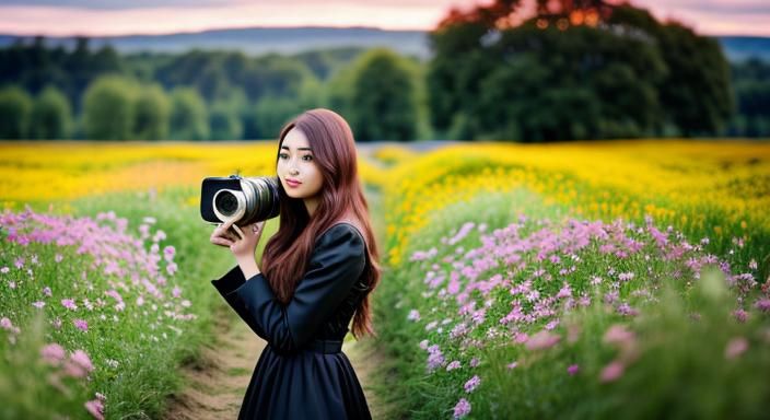 Woman with Box Camera in Flower Field, Hyperrealistic