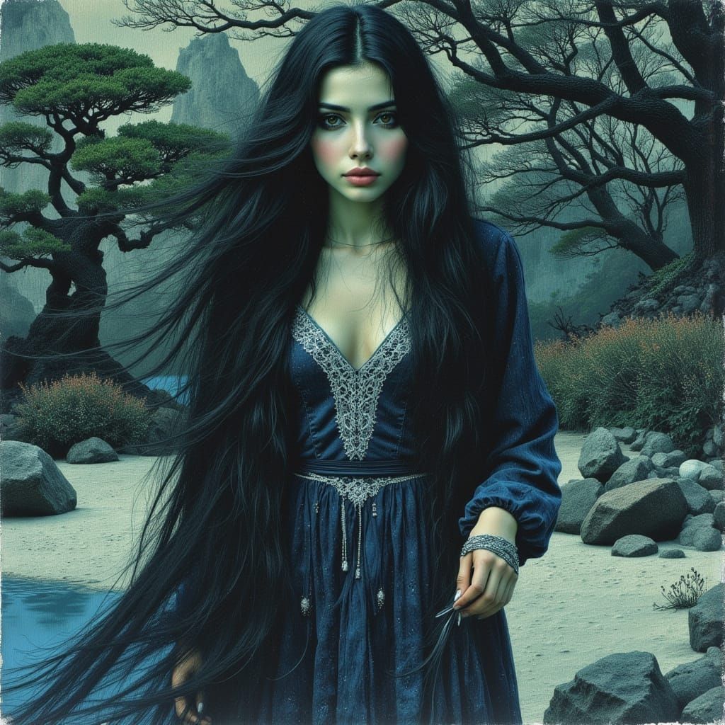 Woman in Zen Garden, Hyperrealistic Romantic Style