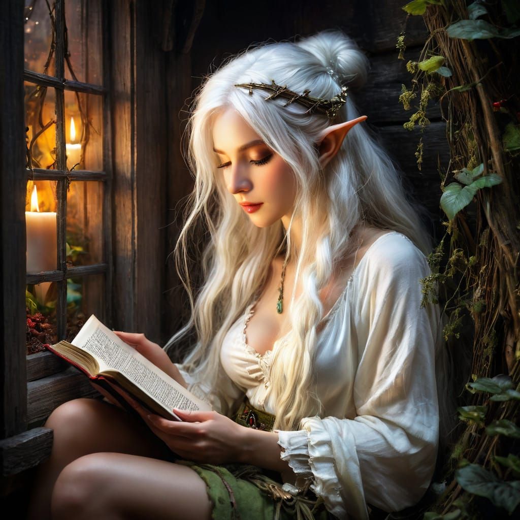 Elf Maiden in Whimsical Candlelit Cottage