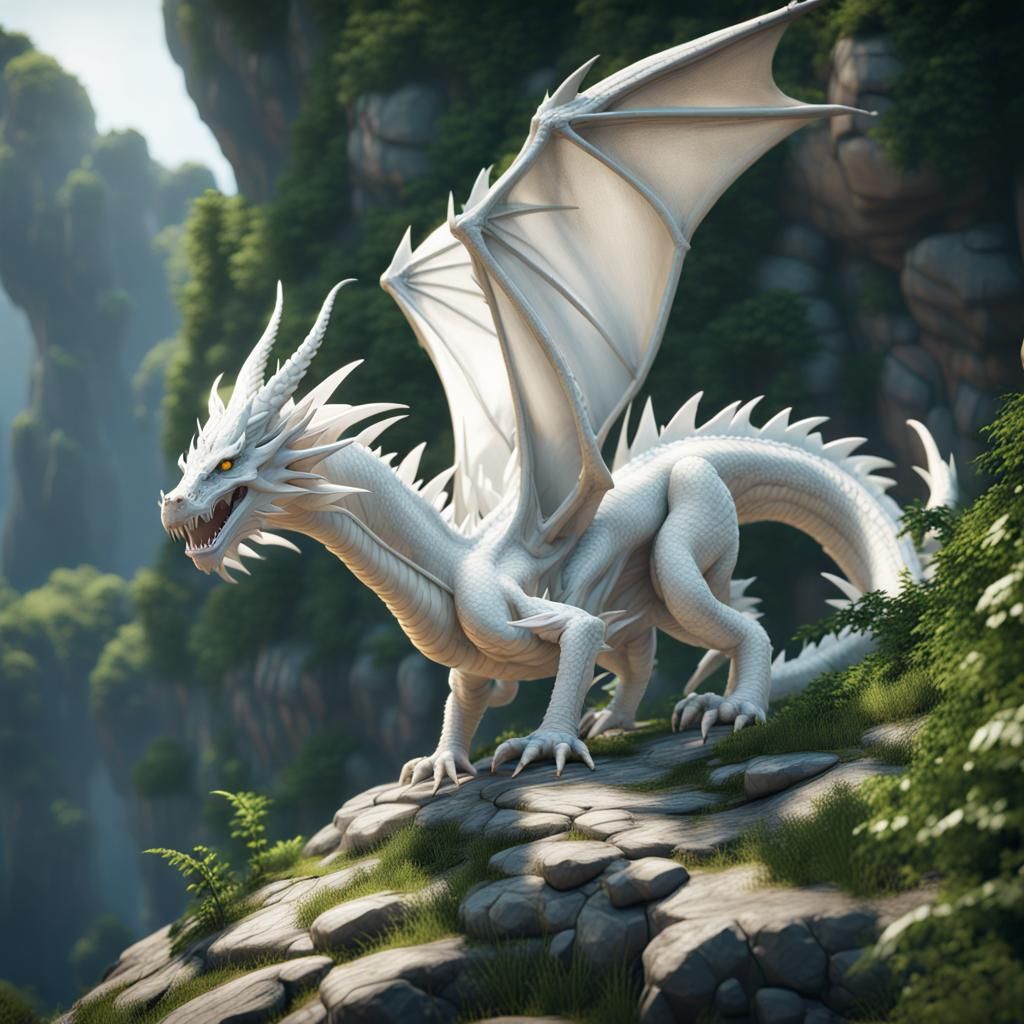 White Dragon on Cliff: 3D Game Cinematic Render