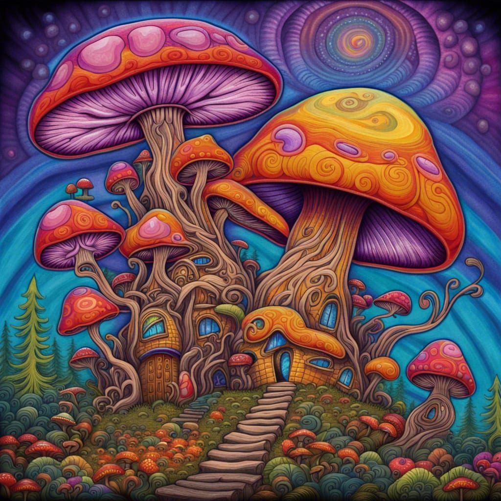 Psychedelic Mushroom Village with Galaxy Sky, Alex Grey Styl...