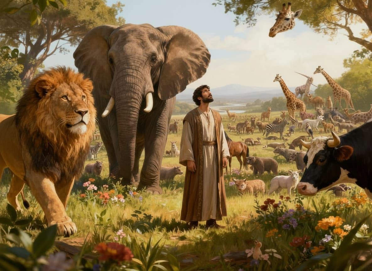 Man Awestruck by Land Animals Creation in Digital Painting