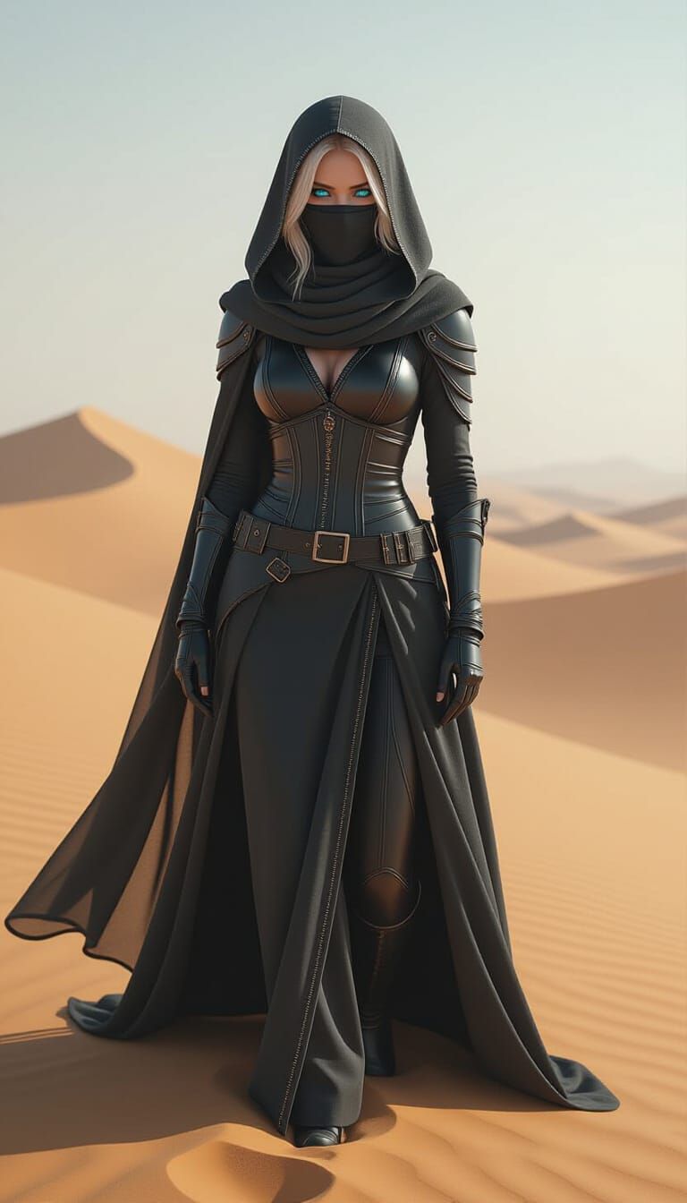 Woman in Stillsuit on Dune, Photorealistic Sci-Fi Art