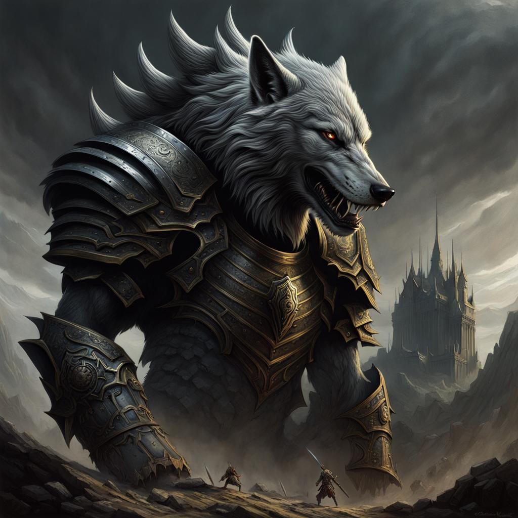 Armored Wolf-Headed Female Warrior: Horror Illustration