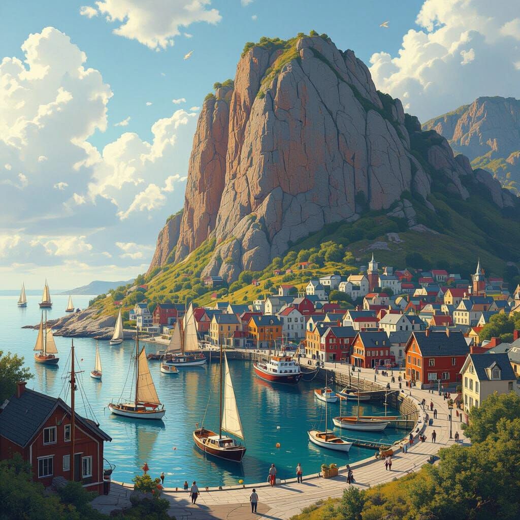 Bustling Coastal Town at the Foot of Towering Rock