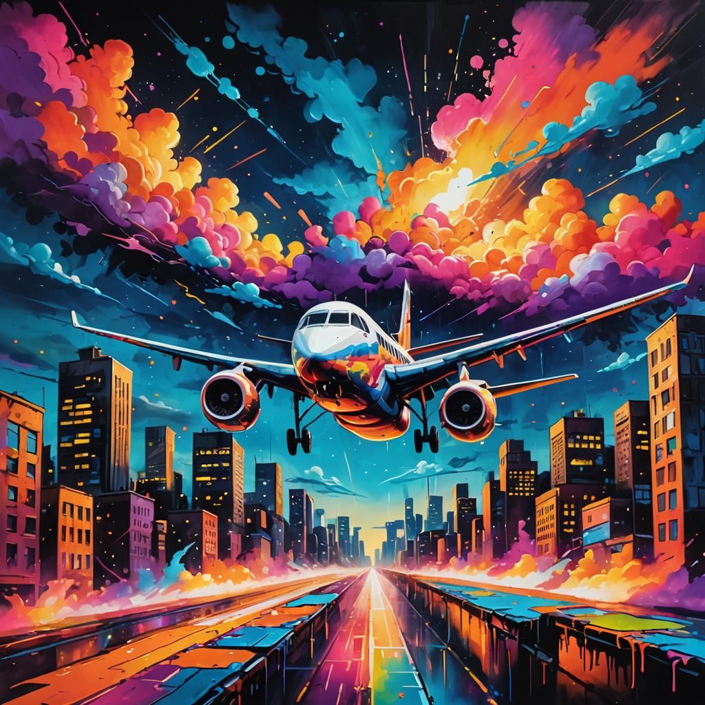 Fluorescent Graffiti Art: Plane in Neon Sky