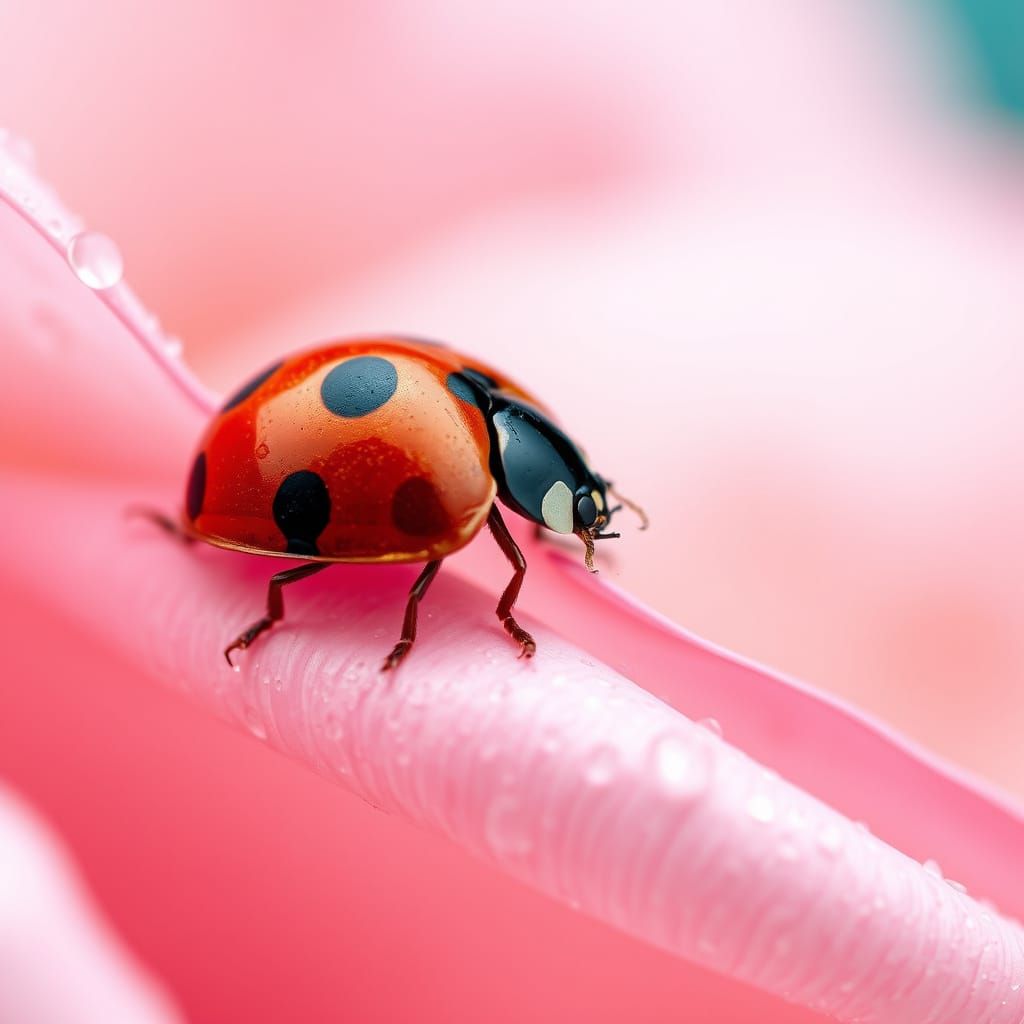 Ladybug Perched on a Rose Petal in Whimsical Hyperrealism