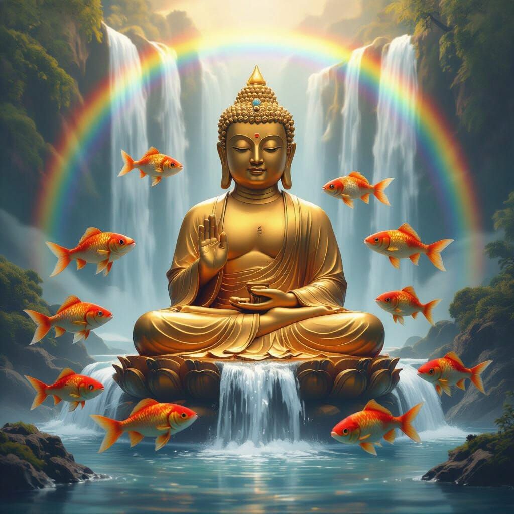 Golden Buddha Statue with Rainbow Waterfall: Digital Art