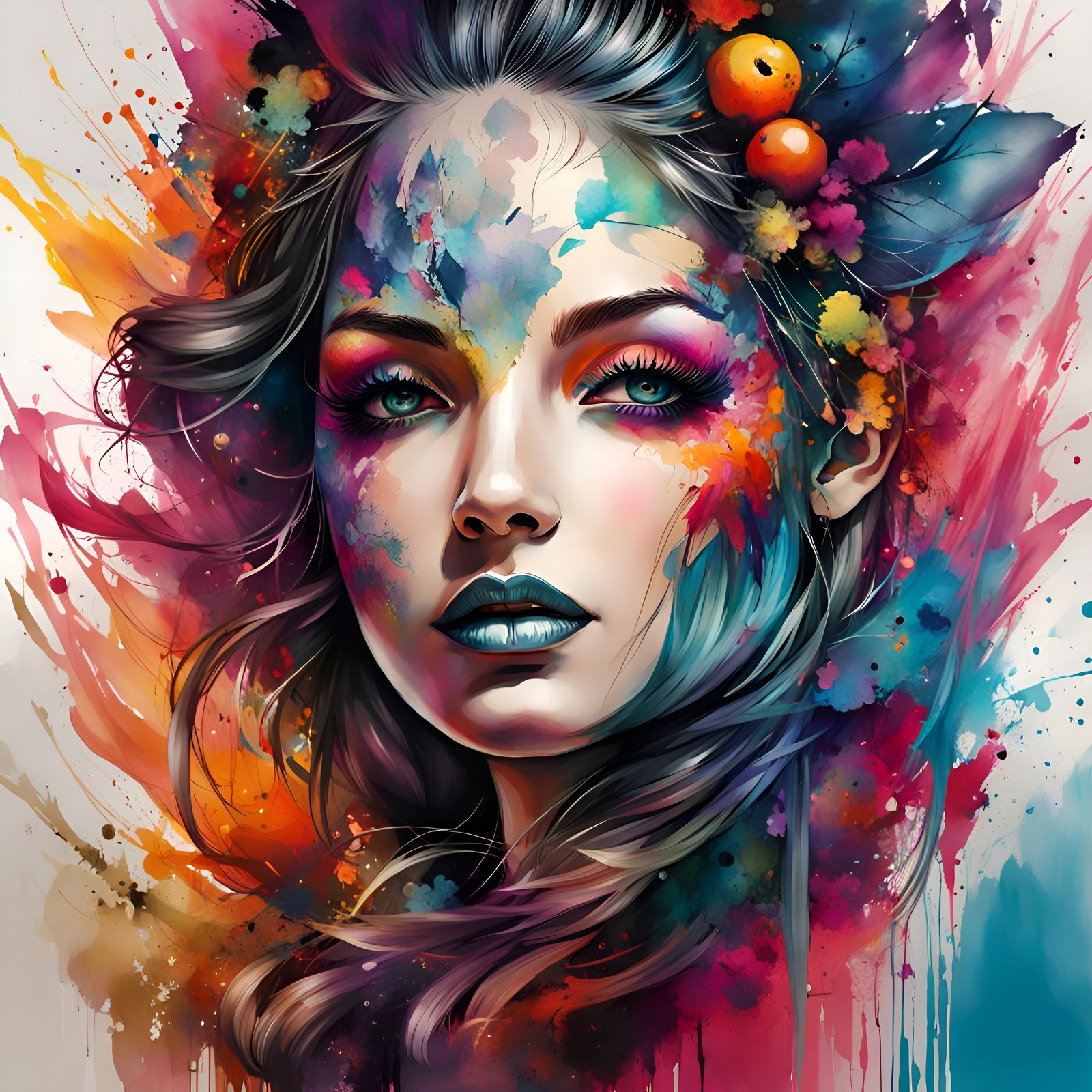 Colorful Ink Portrait with Masquerade Mask