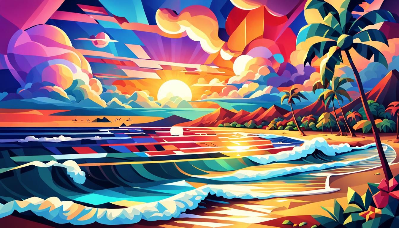 Cubist Hawaiian Sunset with Geometric Clouds