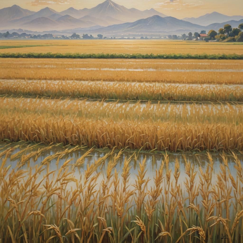 Golden Rice Fields: Impressionist Oil Painting