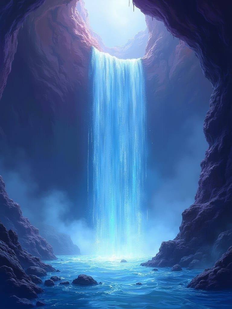 Glowing Crystal Waterfall in Ethereal Cavern