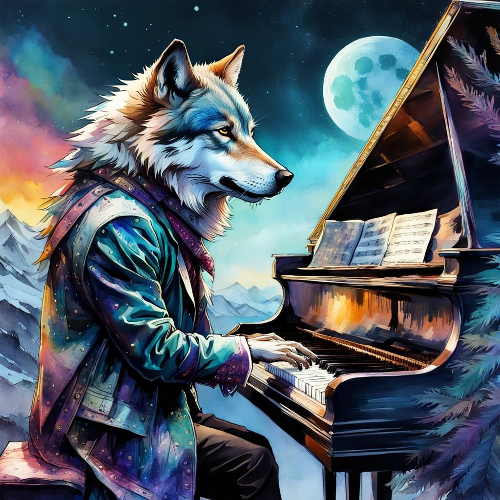 Dreedpunk Wolf Plays Piano in Moonlight: Digital Watercolor