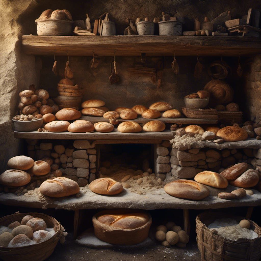 Hyperrealistic Medieval Bakery with Bread and Ovens