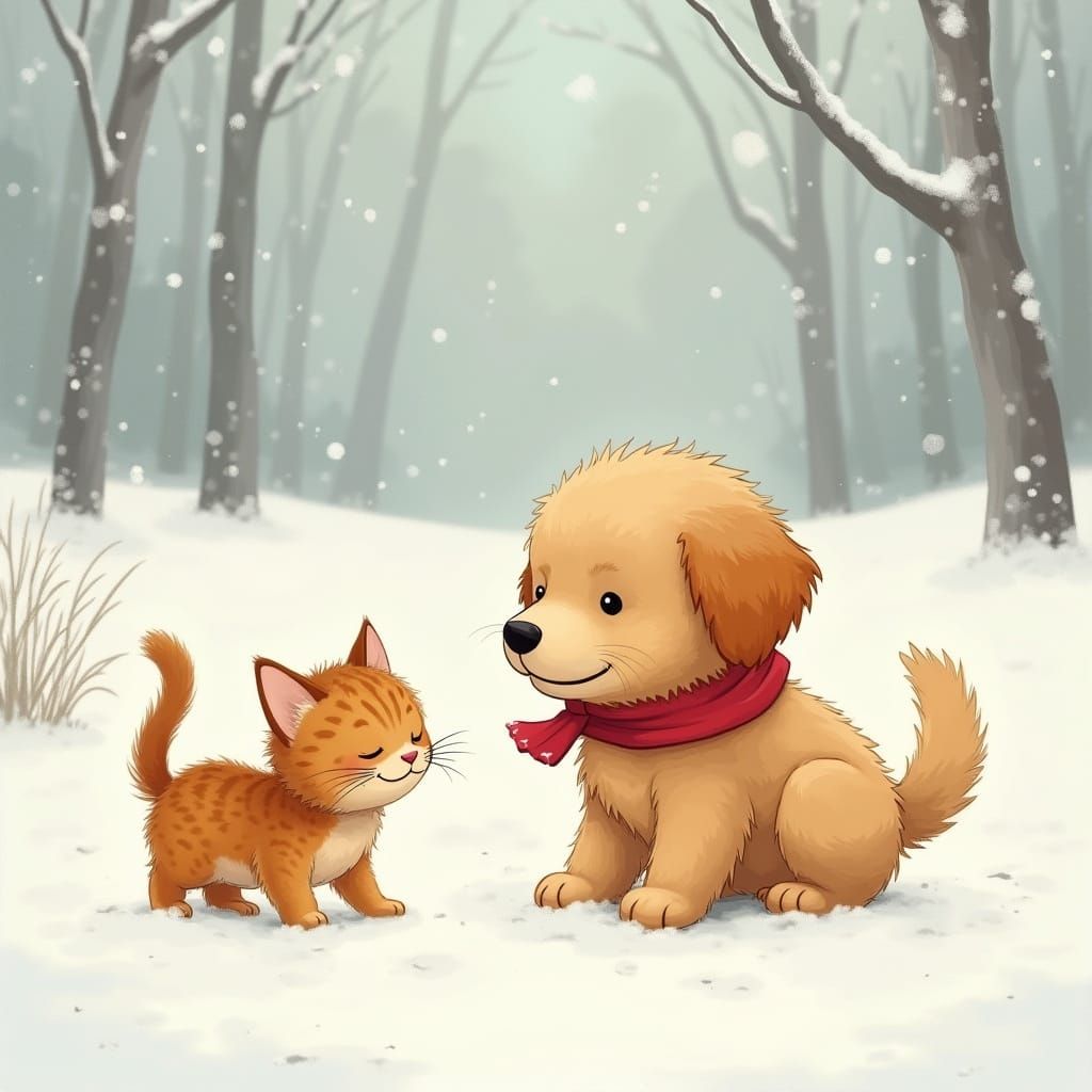 Golden Retriever Puppy and Kitten Play in Snow
