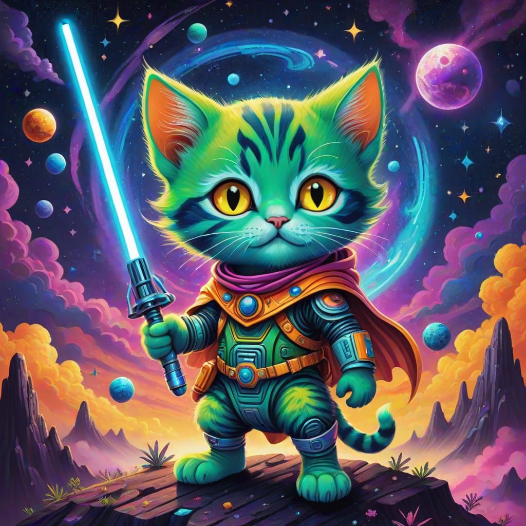 Whimsical Kitten Embarks on Stellar Quest in Cosmic Galaxy