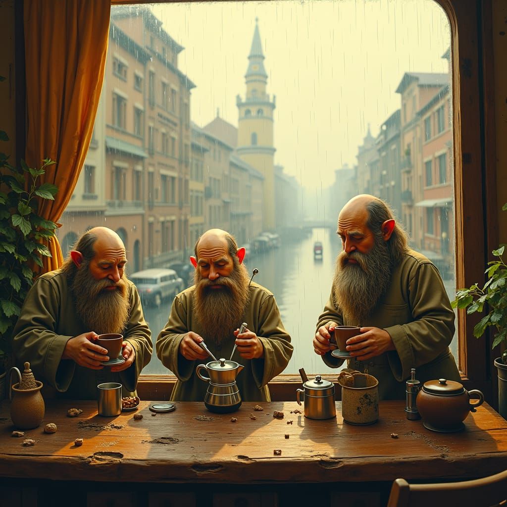 Gnomes Brew Coffee in Rainy Cityscape