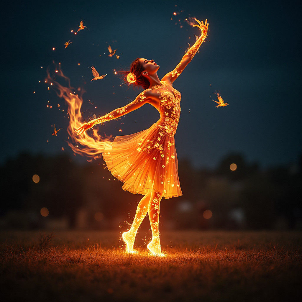 Flaming Dancer Portrait Under Celestial Night Sky