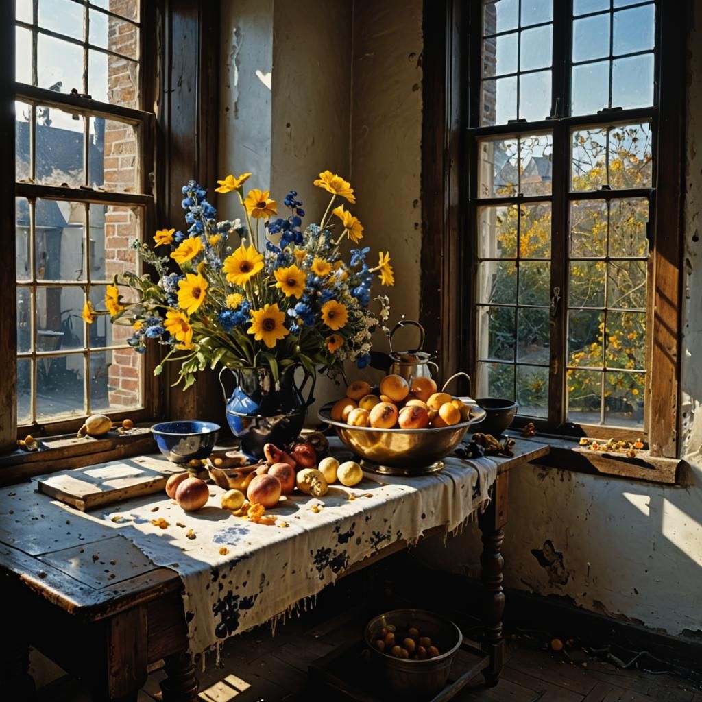 Golden and Delft Blue Flowers by Window, Pollock Vermeer Sty...