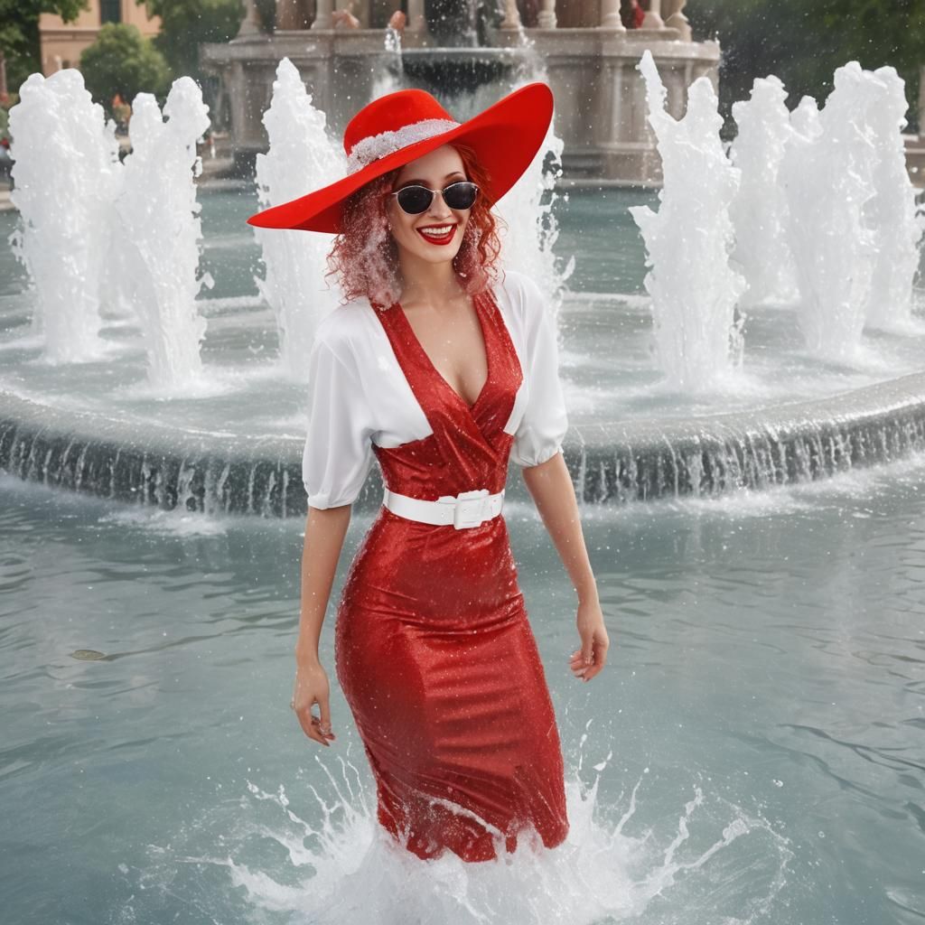 Glamorous Woman in Fountain with Wet Dress and Red Hair