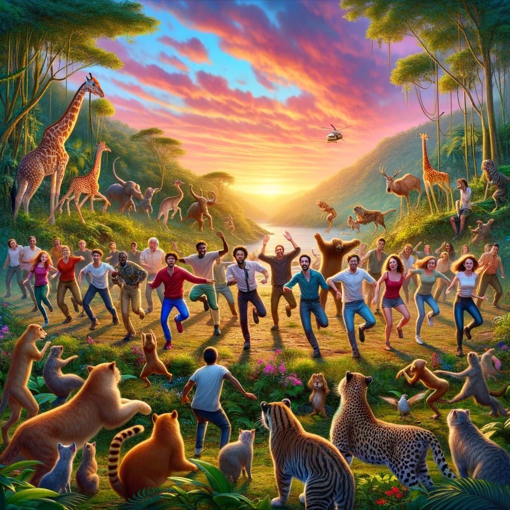 Jungle Flashmob at Sunset: A Hyperrealistic Spectacle