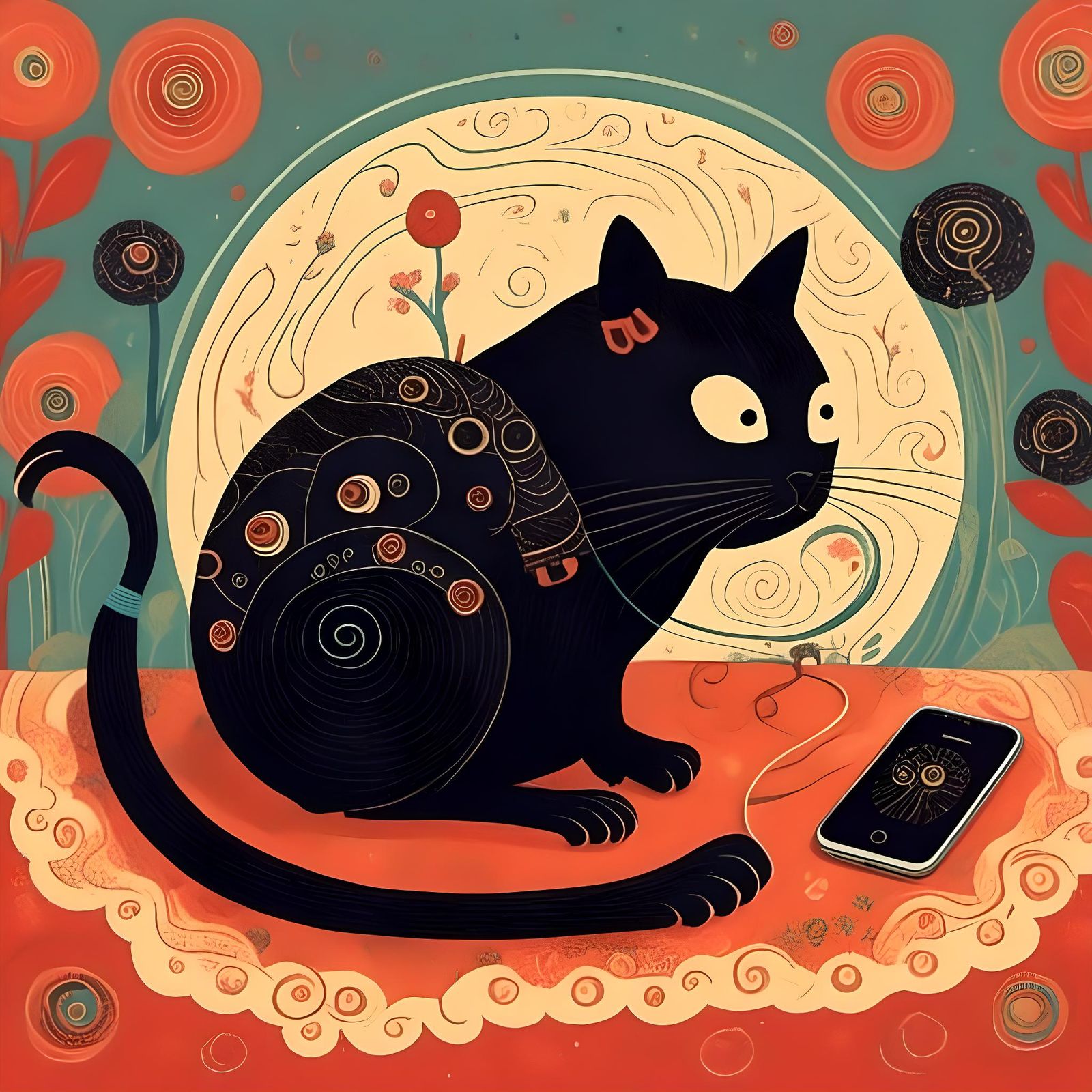 Black Cat Relaxing with iPhone, Vibrant Illustration