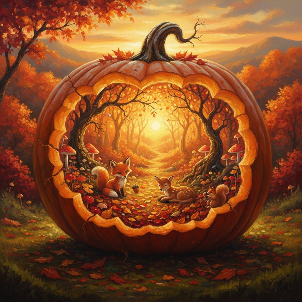 Enchanted Miniature World Inside a Hollow Pumpkin