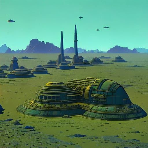 Futuristic City in Wasteland Art, Moebius Style