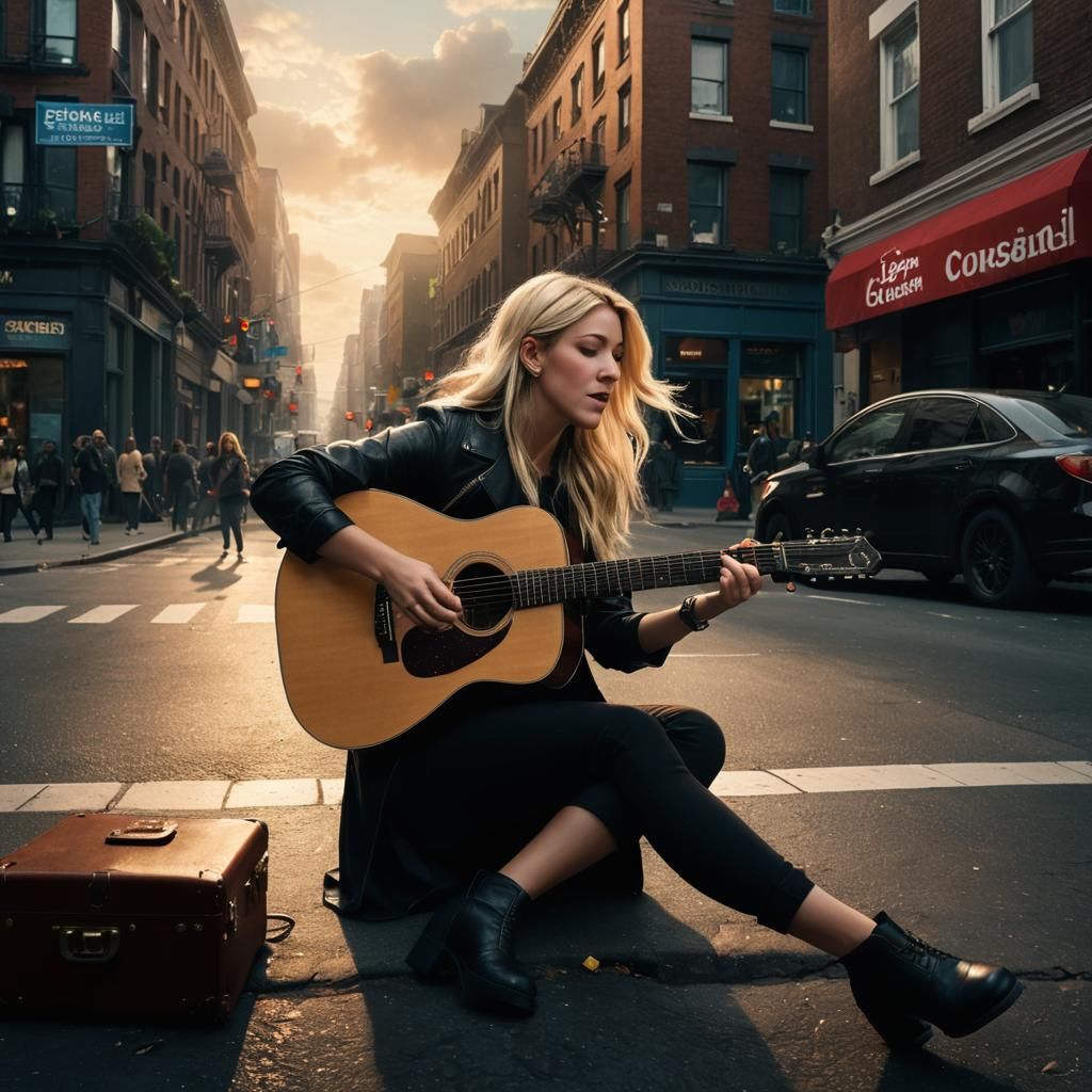 Ellie Goulding playing her guitar and singing , serenading shoppers