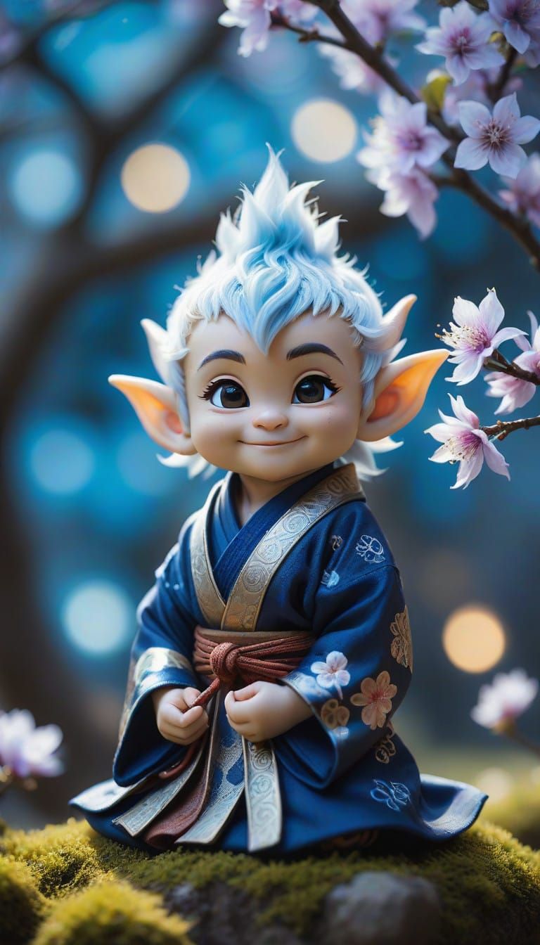Surreal Cloud Elf Samurai Meditates Under Blossom Tree