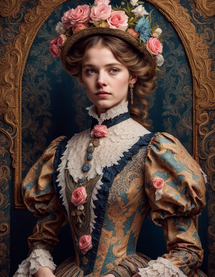 portrait of a beautiful victorian girl, intricately dressed, maximalism, intricate patterns, ornate designs, captivating...