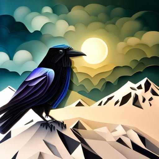 Paper Quilled Raven in Surreal Landscape