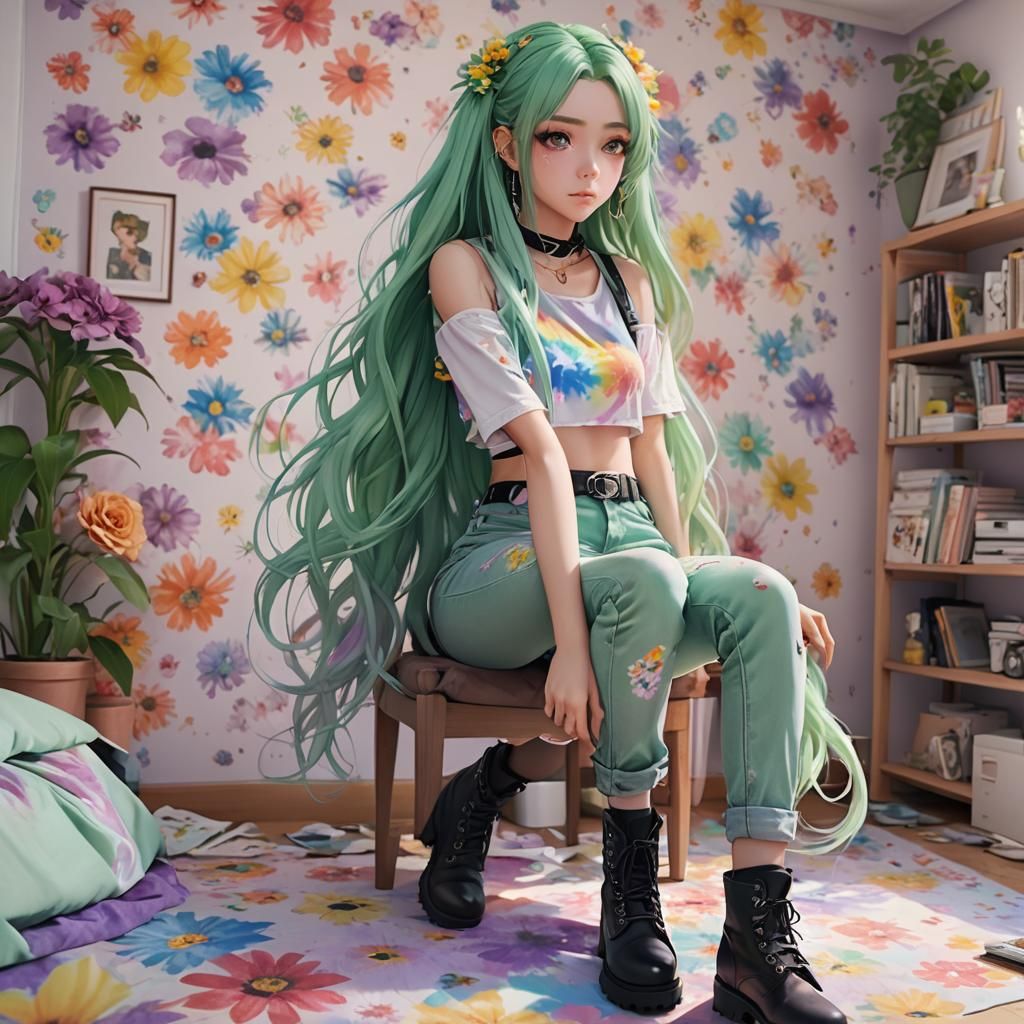 Anime Girl with Pastel Hair in Floral Room