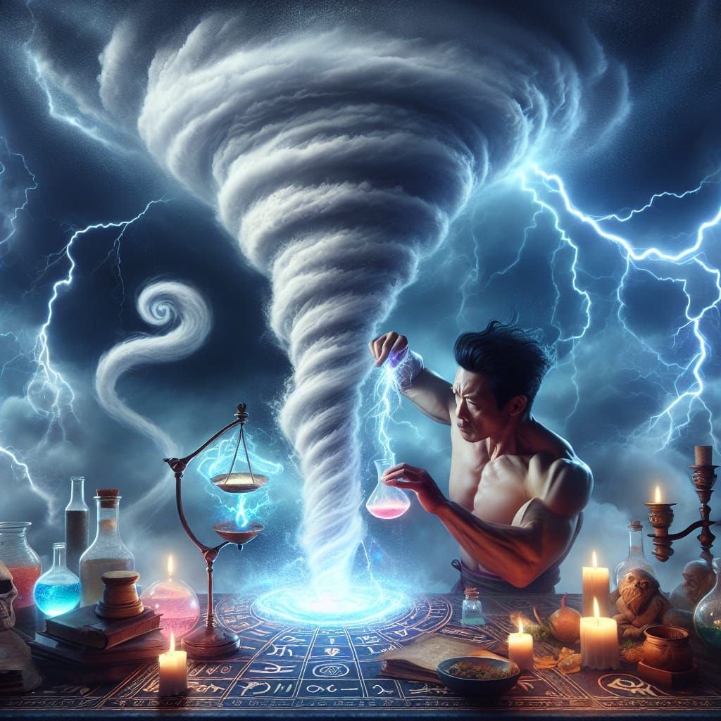 Wizard Conjures Elemental Tornado with Zodiac Symbols