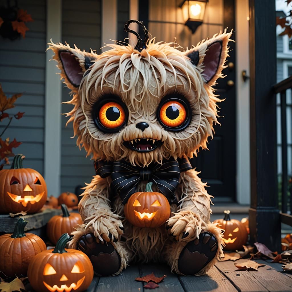 Kawaii Horror Monster on Eerie Porch