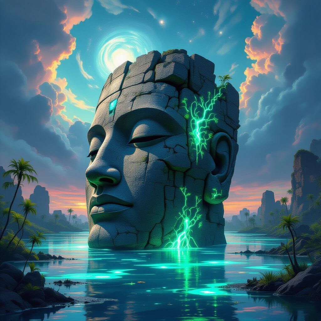 Ancient Stone Head in Bioluminescent Swamp Under Cosmic Sky