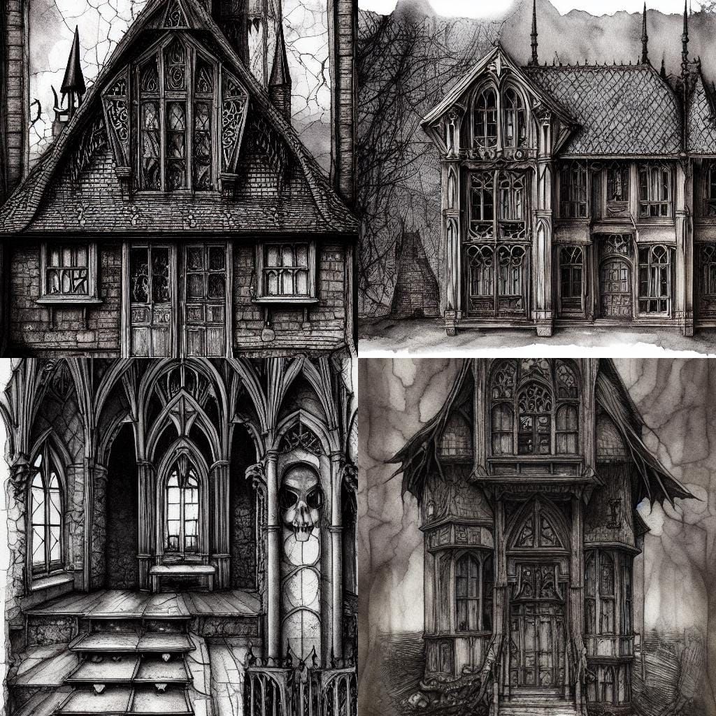 Ominous Dark House in Gothic Watercolor Style