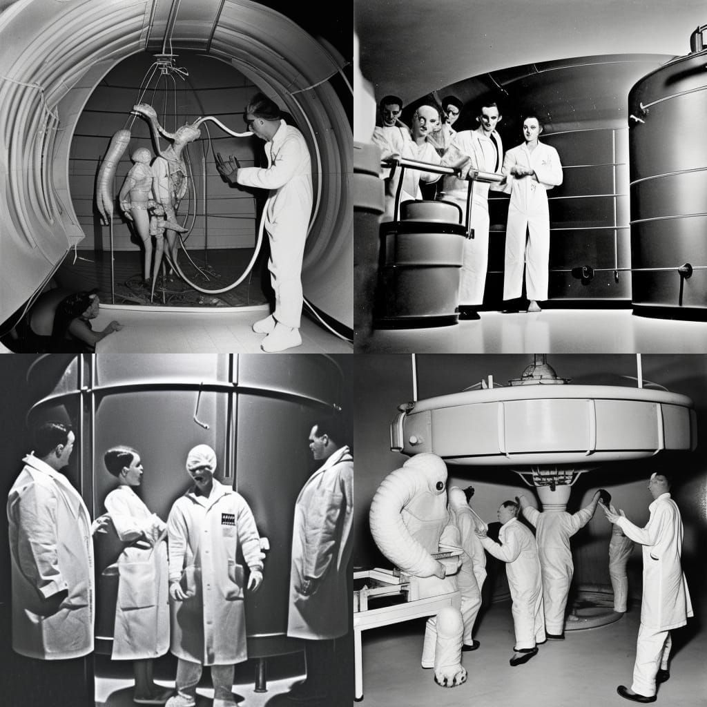 1950s Sci-Fi Horror: Reptilian Monster in Lab