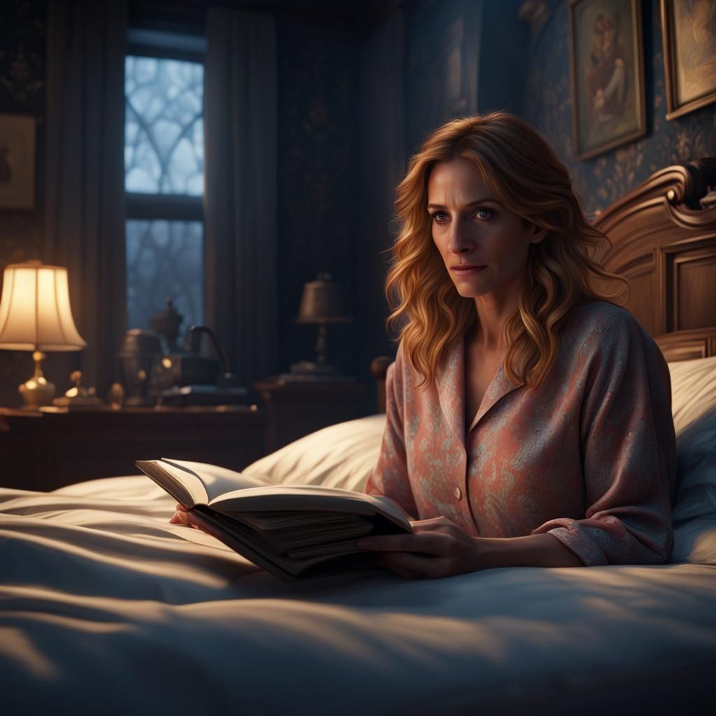 Young Woman Reading in Bed: Detailed Matte Painting