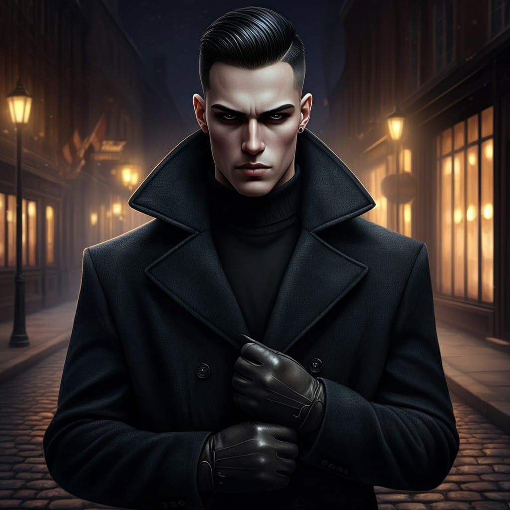 Mysterious Man in Wool Coat on Cobblestone Street