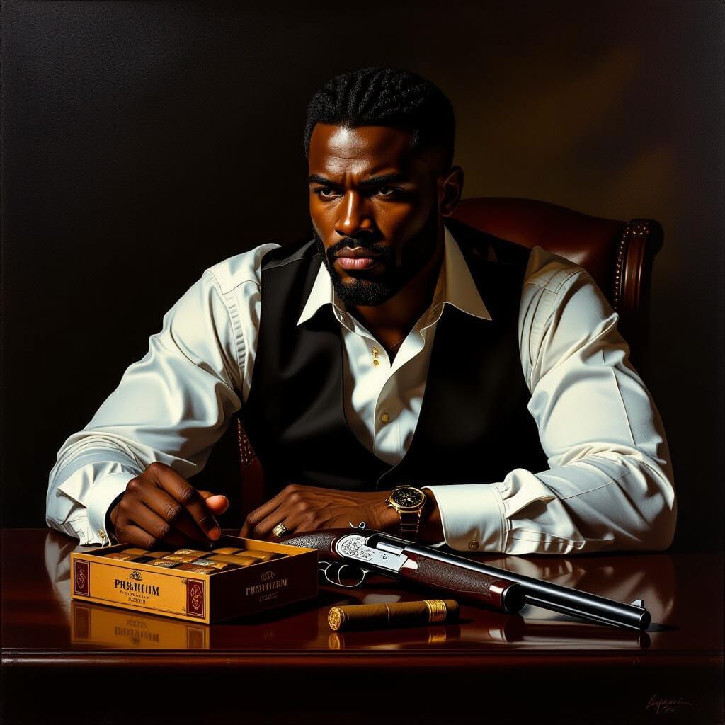 Still Life Painting: Vintage Guns, Cigars, and a Man in Chia...