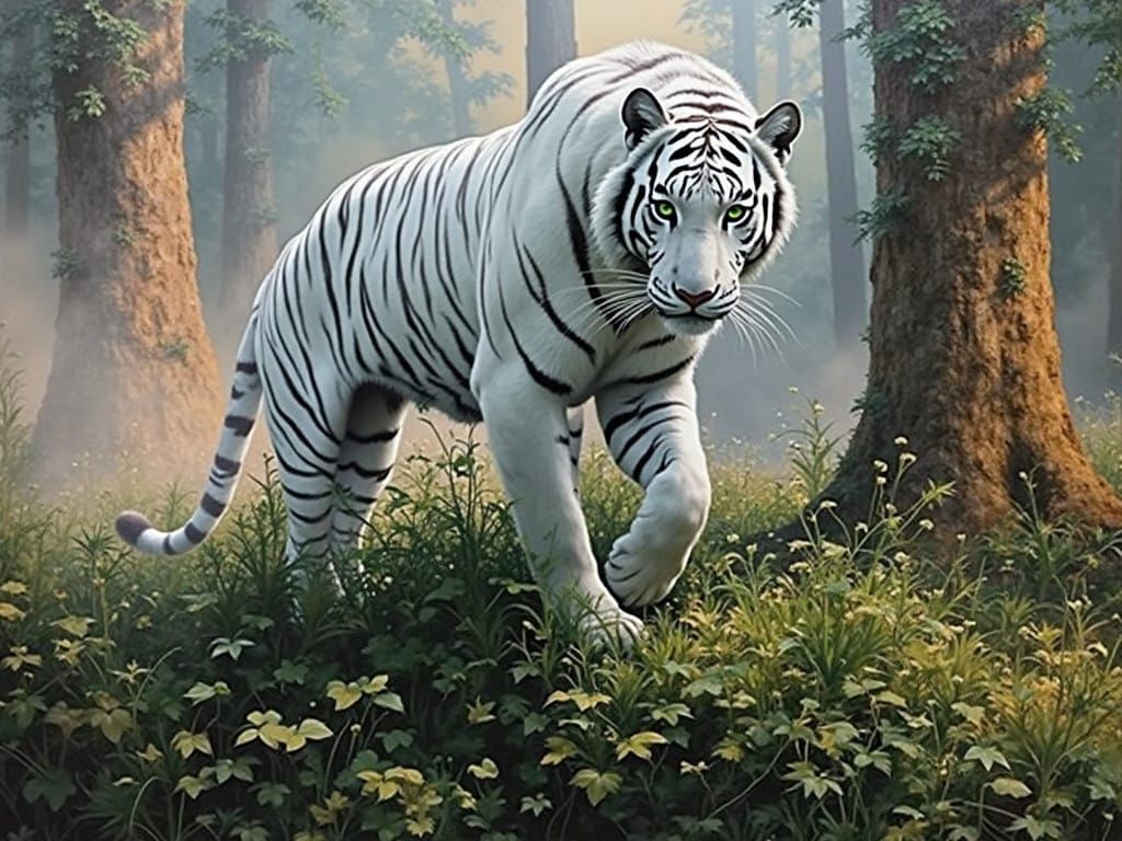 Surreal Oil Painting of a Majestic White Tiger in a Misty Ju...