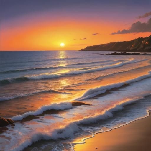 Calm Beach Sunset Oil Painting in Triadic Colors