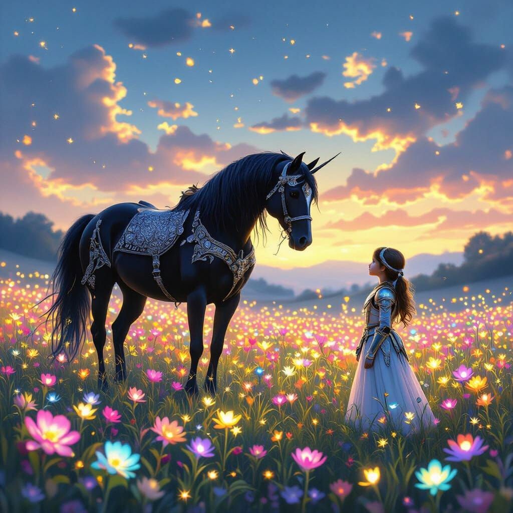 Girl and Glittery Horse in Magical Twilight Field