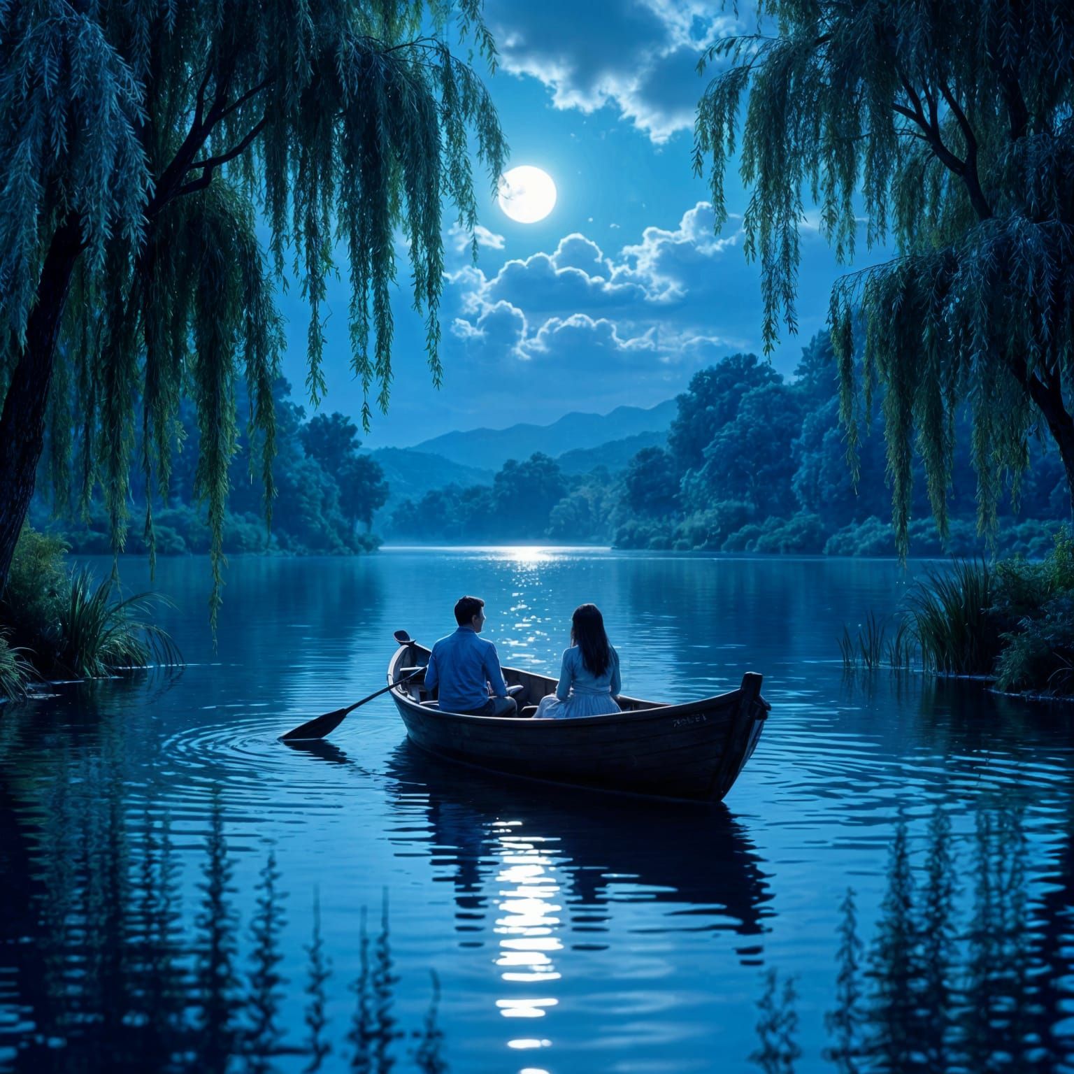 Serene Lake Scene with Willow Trees and Boating Couple