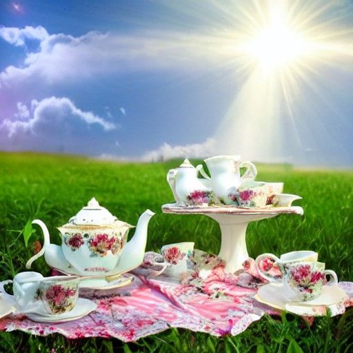 Victorian Tea Party on a Mushroom in Sunlight