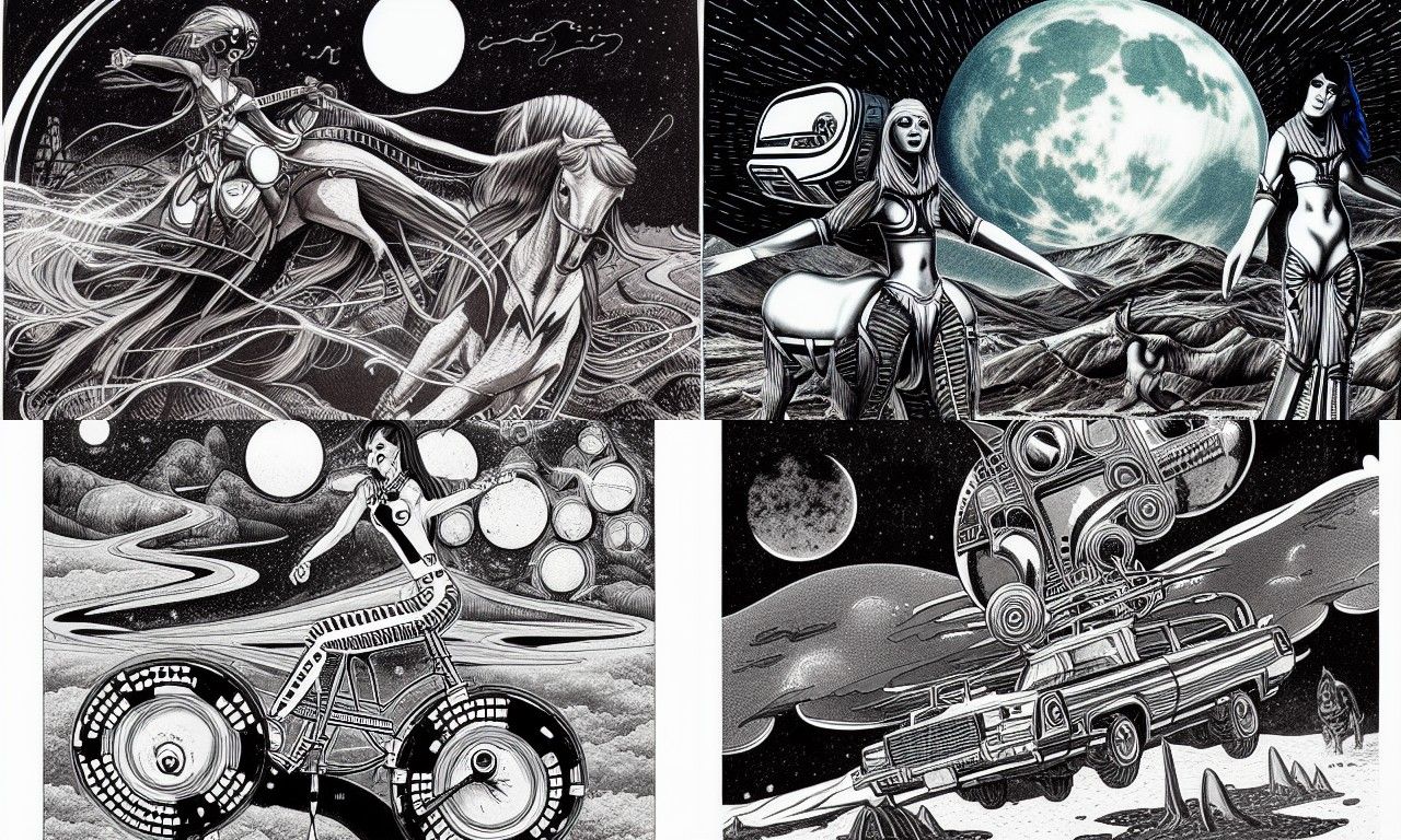 Rider Under Twin Moons: Retro-Futuristic Sci-Fi Art