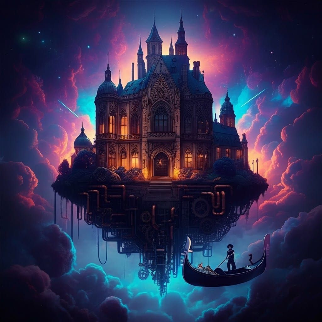Floating Baroque Castle in Cosmic Cloudscape